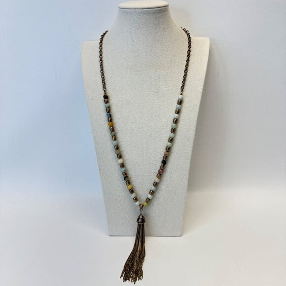 Tassel Pendant Necklace Stone Beads Brassy Gold Tone Long Length Adjustable - Picture 2 of 10